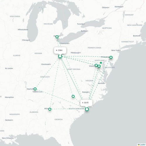 Mapa lotu bezpośredniego Columbus – Myrtle Beach