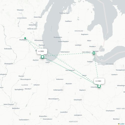 Mapa lotu bezpośredniego Columbus – Chicago