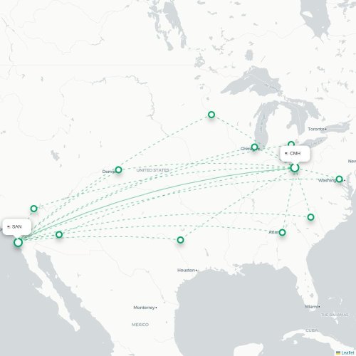 Mapa lotu bezpośredniego Columbus – San Diego