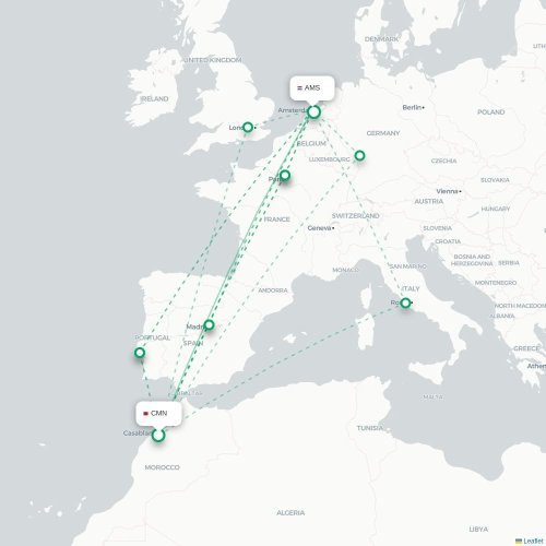 Mapa de vuelo directo Casablanca - Ámsterdam