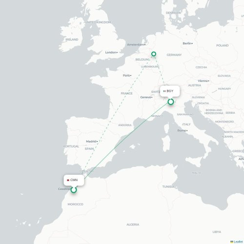 Mapa lotu bezpośredniego Casablanca – Bergamo
