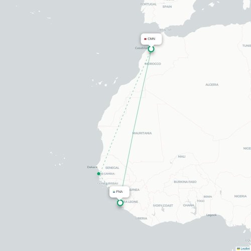 Mapa de vuelo directo Casablanca - Freetown