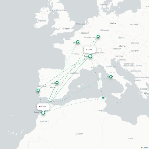 Mapa de vuelo directo Casablanca - Ginebra