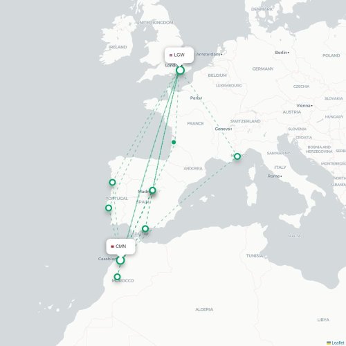 Casablanca - Londen kaart van rechtstreekse vlucht
