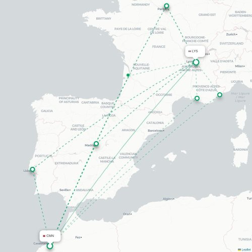 Casablanca - Lyon kaart van rechtstreekse vlucht
