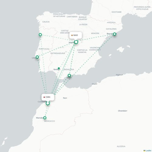 Mapa de vuelo directo Casablanca - Madrid