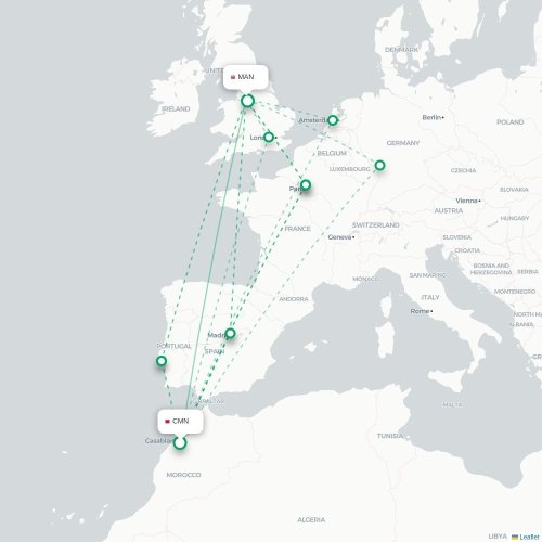 Casablanca - Manchester kaart van rechtstreekse vlucht
