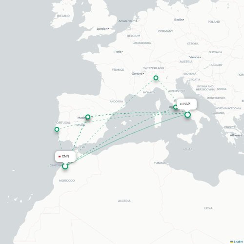Mapa de vuelo directo Casablanca - Nápoles
