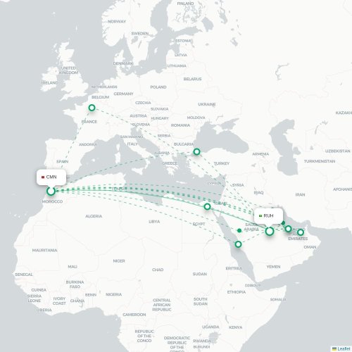 Casablanca - Riyad kaart van rechtstreekse vlucht