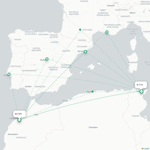 Mapa lotu bezpośredniego Casablanca – Tunis