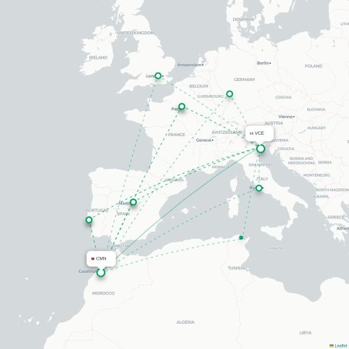 Mapa de vuelo directo Casablanca - Venecia