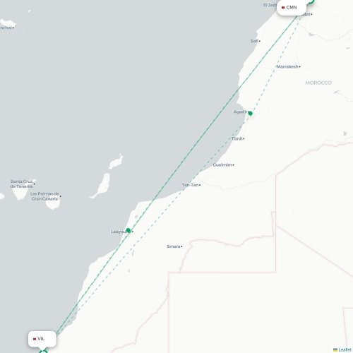 Mapa lotu bezpośredniego Casablanca – Dakhla, Sahara Zachodnia