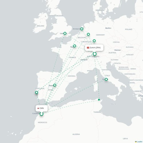 Mapa de vuelo directo Casablanca - Zúrich