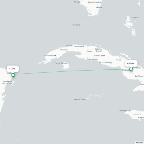 Mapa lotu bezpośredniego Camagüey – Cancún