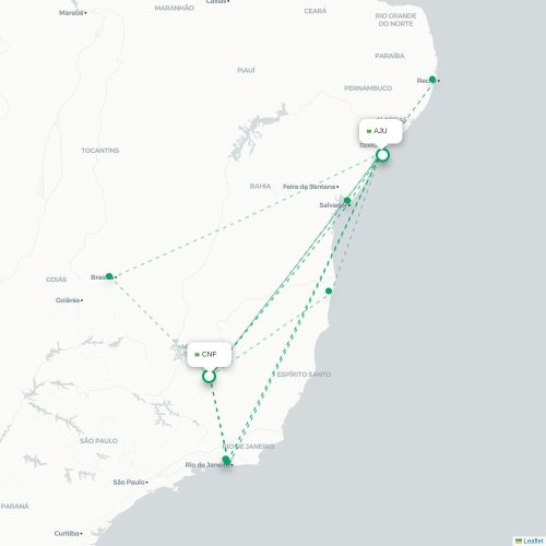 Mapa de vuelo directo Belo Horizonte - Aracaju