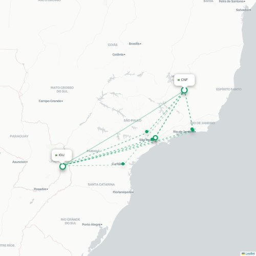 Mapa de vuelo directo Belo Horizonte - Foz de Iguazu