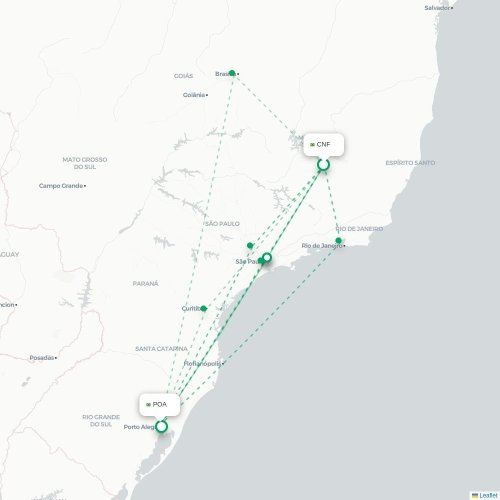 Mapa de vuelo directo Belo Horizonte - Porto Alegre