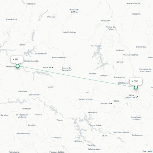Mapa lotu bezpośredniego Belo Horizonte – Uberlândia