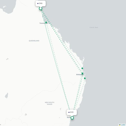 Mapa lotu bezpośredniego Cairns – Sydney
