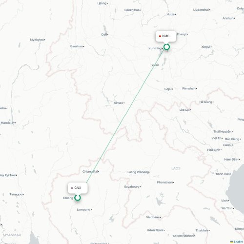 Mapa lotu bezpośredniego Chiang Mai – Kunming