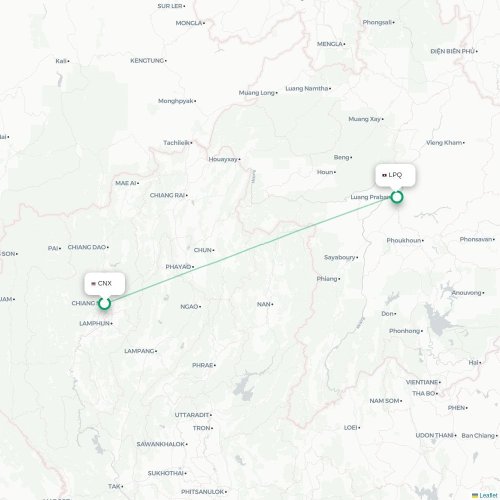 Mapa lotu bezpośredniego Chiang Mai – Luang Prabang