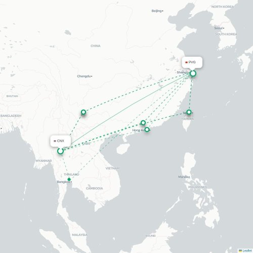 Mapa lotu bezpośredniego Chiang Mai – Szanghaj