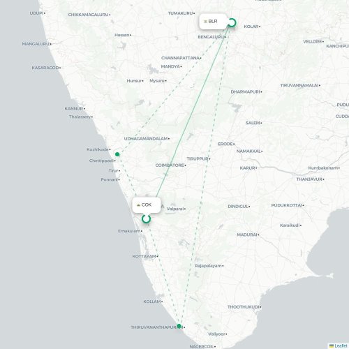 Kochi – Bangalore suoran lennon kartta