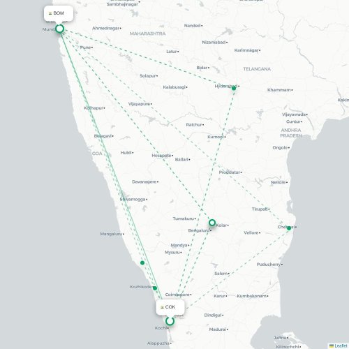 Kochi – Mumbai suoran lennon kartta