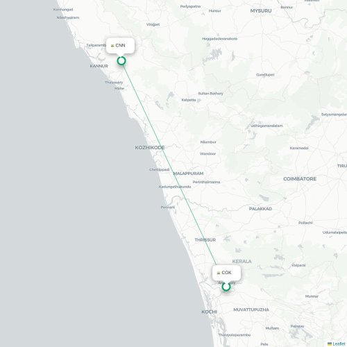 Mapa lotu bezpośredniego Koczin – Kannanur