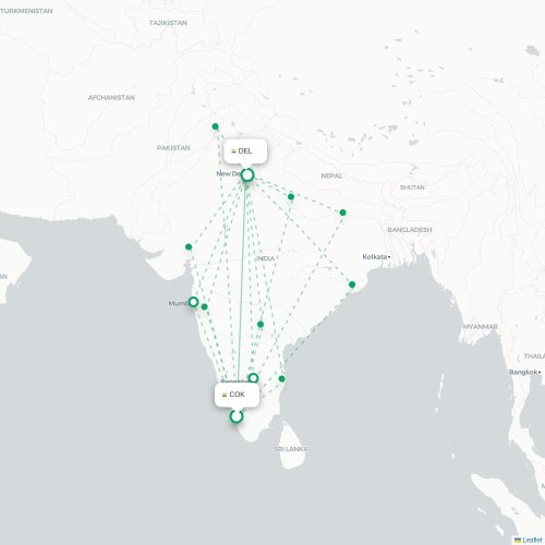 Kochi – New Delhi suoran lennon kartta