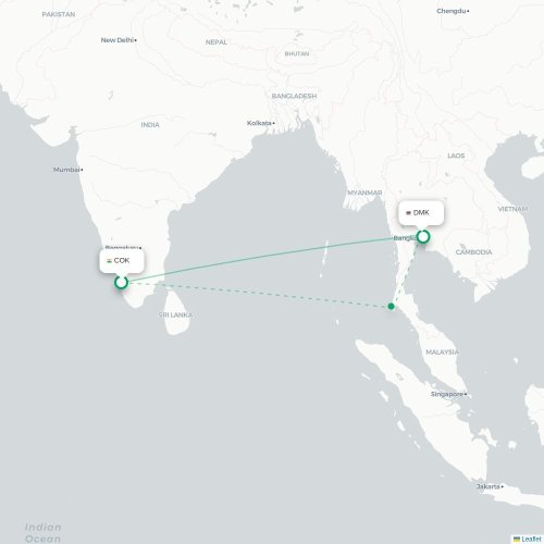 Kochi – Bangkok suoran lennon kartta