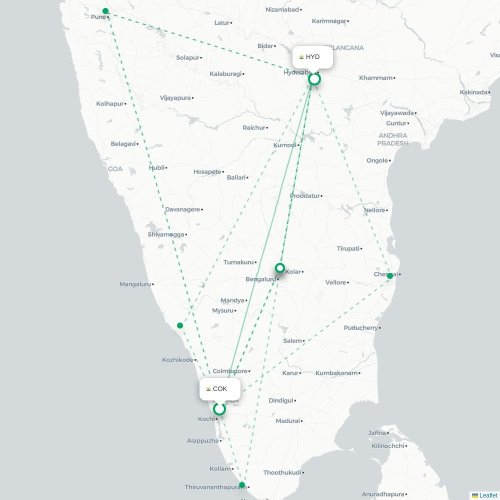 Kochi – Hyderabad suoran lennon kartta