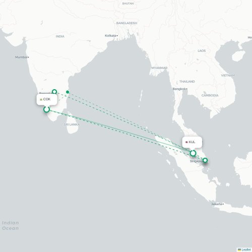 Mapa de vuelo directo Cochín - Kuala Lumpur