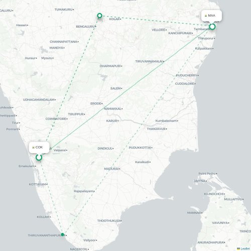Kochi – Chennai suoran lennon kartta