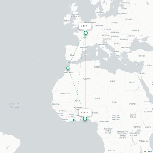 Cotonou - Paris karta över direktflyg