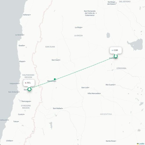 Mapa lotu bezpośredniego Kordoba – Santiago de Chile