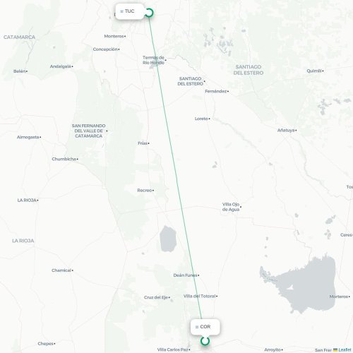 Mapa lotu bezpośredniego Kordoba – San Miguel de Tucumán