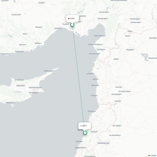 Mapa lotu bezpośredniego Tars – Bejrut