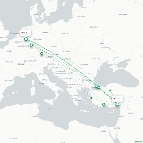 Mapa de vuelo directo Tarso - Düsseldorf