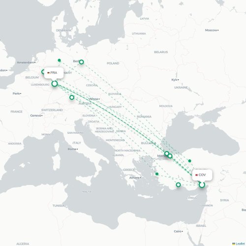Mapa de vuelo directo Tarso - Fráncfort
