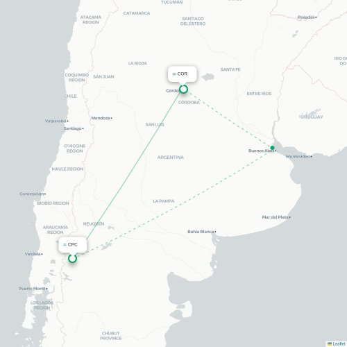 Mapa lotu bezpośredniego San Martin de los Andes – Kordoba