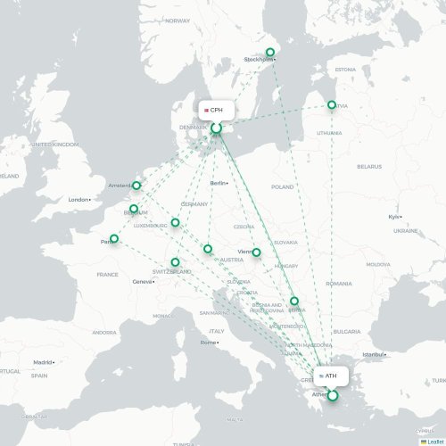 København - Athen kort over direkte fly