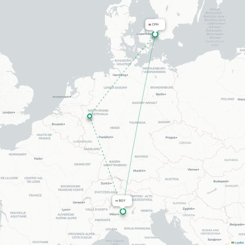 Mapa lotu bezpośredniego Kopenhaga – Bergamo