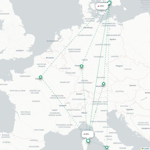 Mapa de vuelo directo Copenhague - Bastia