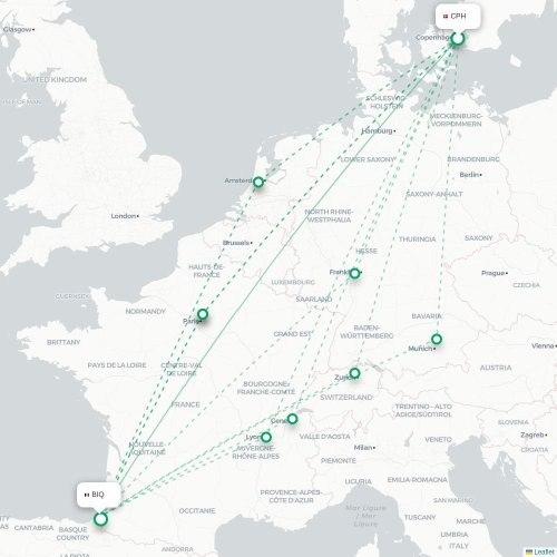 Mapa de vuelo directo Copenhague - Biarriz