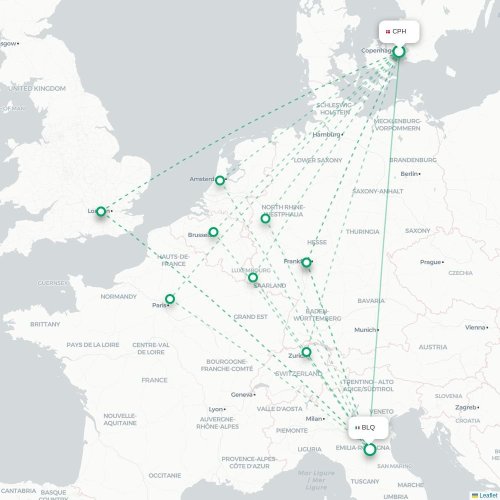 Mapa lotu bezpośredniego Kopenhaga – Bolonia