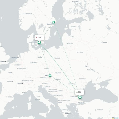Mapa lotu bezpośredniego Kopenhaga – Burgas