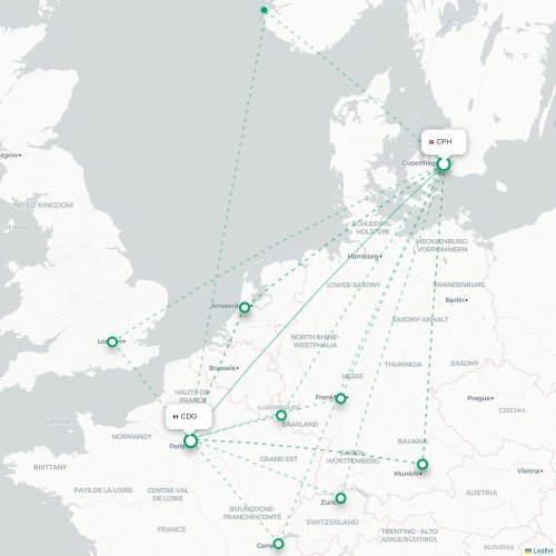 Mapa de vuelo directo Copenhague - París
