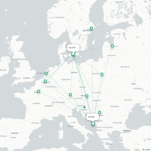 Mapa de vuelo directo Copenhague - Dubrovnik