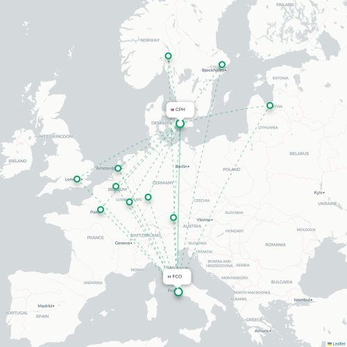 Mapa lotu bezpośredniego Kopenhaga – Rzym